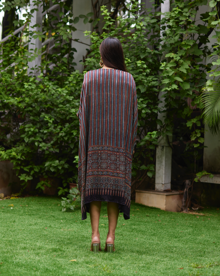 Black Striped Silk Kaftan by Mayura Kumar with Ajrakh Heritage, Black, Casual Wear, Dresses, Festive Wear, Kaftans, Mayura Kumar, Modal Silk, Prints, Relaxed Fit, Silk, Womenswear at Kamakhyaa for sustainable fashion