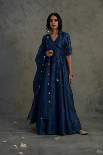 Chanderi Angrakha Wrap Dress With Jogger by Charkhee with Angrakha, Blue, Chanderi, Cotton, Embellished, Ethnic Wear, Indian Wear, Kurta Pant Sets, Kurta Set With Dupatta, Mirror Work, Natural, Relaxed Fit, Tyohaar by Charkhee, Wedding Gifts, Womenswear at Kamakhyaa for sustainable fashion