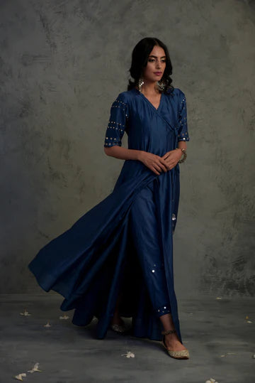Chanderi Angrakha Wrap Dress With Jogger by Charkhee with Angrakha, Blue, Chanderi, Cotton, Embellished, Ethnic Wear, Indian Wear, Kurta Pant Sets, Kurta Set With Dupatta, Mirror Work, Natural, Relaxed Fit, Tyohaar by Charkhee, Wedding Gifts, Womenswear at Kamakhyaa for sustainable fashion