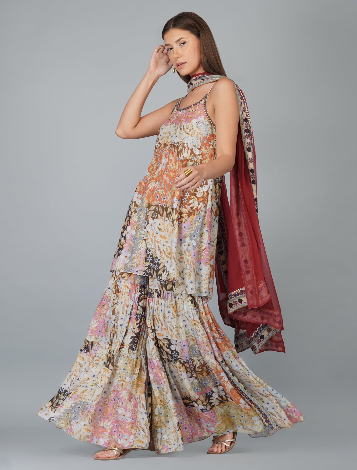 Multicolor Printed Gharara Set by Devyani Mehrotra with Cotton, Festive Wear, Georgette, Gharara Sets, Multicolor, Natural, Pre Spring 2023, Prints, Regular Fit, Viscose, Womenswear at Kamakhyaa for sustainable fashion