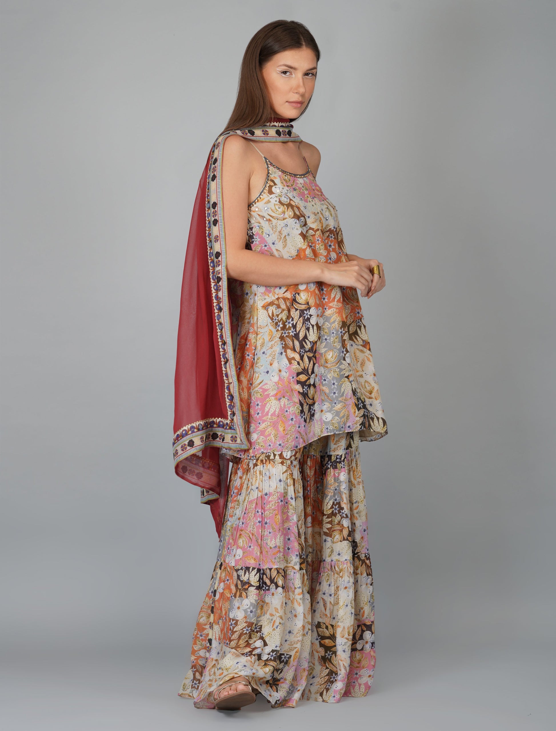 Multicolor Printed Gharara Set by Devyani Mehrotra with Cotton, Festive Wear, Georgette, Gharara Sets, Multicolor, Natural, Pre Spring 2023, Prints, Regular Fit, Viscose, Womenswear at Kamakhyaa for sustainable fashion