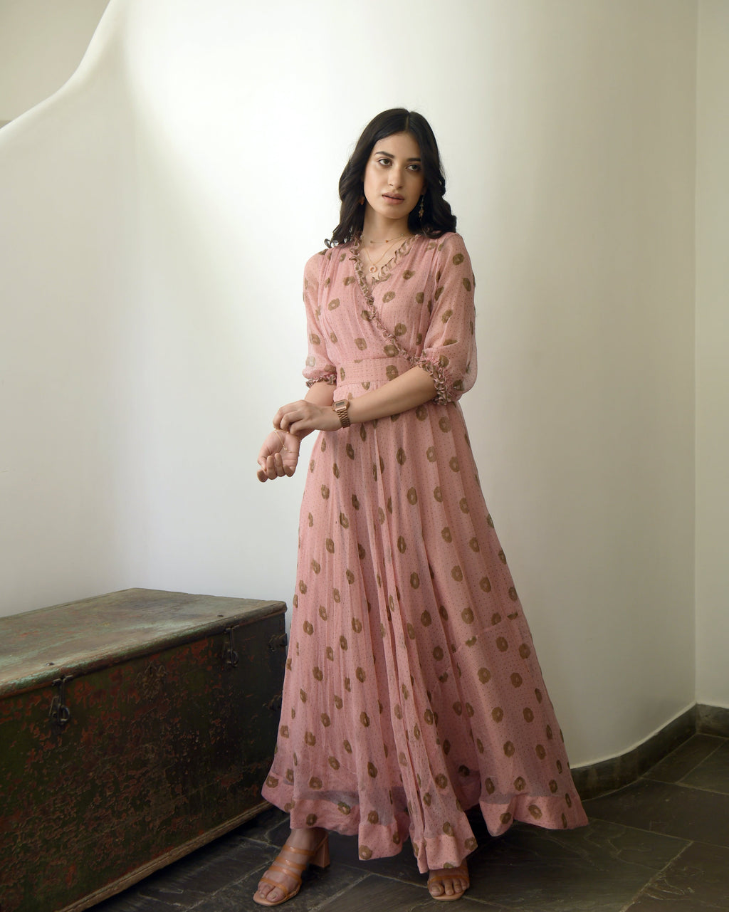 Pink Chiffon Printed Maxi Dress by Taro with Best Selling, Chiffon, Evening Wear, FB ADS JUNE, July Sale, July Sale 2023, Maxi Dresses, Natural, Pink, Prints, Regular Fit, Wildflower by Taro, Womenswear at Kamakhyaa for sustainable fashion