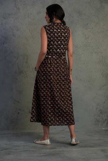 Black Block Printed Midi Dress by Charkhee with Black, Cotton, Embellished, Ethnic Wear, Midi Dresses, Mirror Work, Natural, Relaxed Fit, Sleeveless Dresses, Tyohaar by Charkhee, Womenswear at Kamakhyaa for sustainable fashion