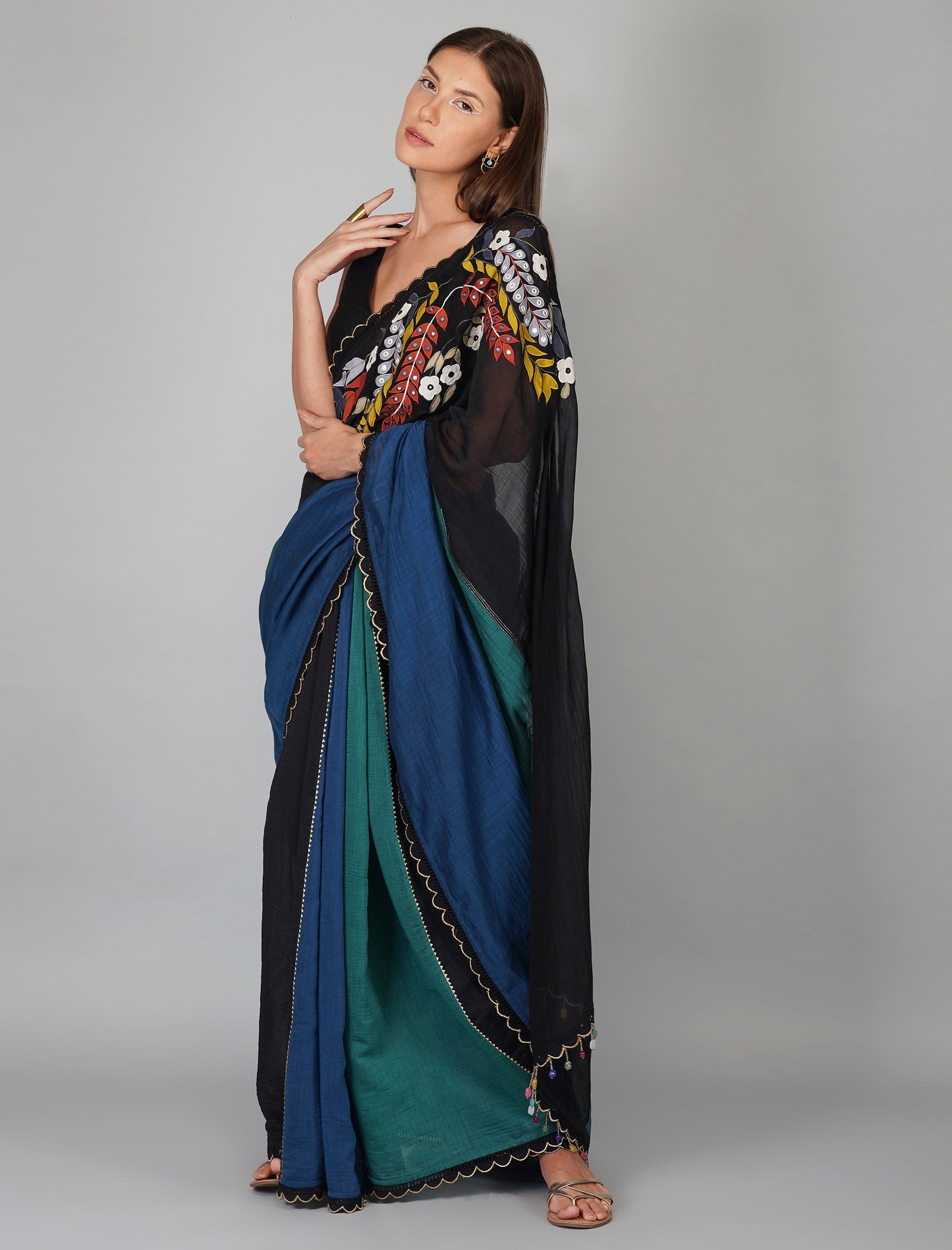 Multicolor Hand Embroidered Chanderi saree Blouse Set by Devyani Mehrotra with Chanderi Silk, Embroidered, Festive Wear, Multicolor, Natural, Patchwork, Pre Spring 2023, Relaxed Fit, Sarees Sets, Womenswear at Kamakhyaa for sustainable fashion