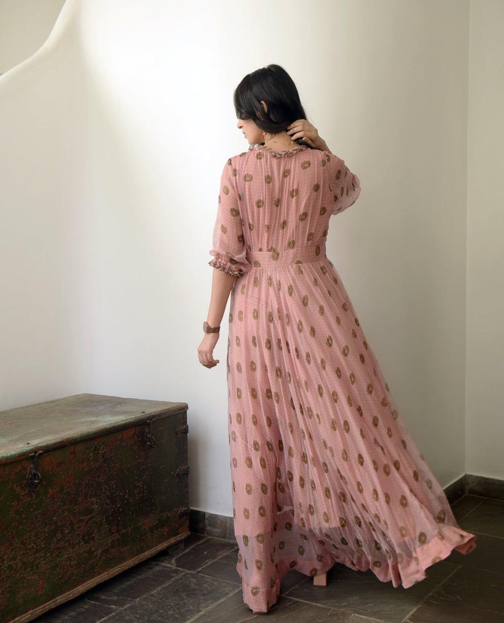 Pink Chiffon Printed Maxi Dress by Taro with Best Selling, Chiffon, Evening Wear, FB ADS JUNE, July Sale, July Sale 2023, Maxi Dresses, Natural, Pink, Prints, Regular Fit, Wildflower by Taro, Womenswear at Kamakhyaa for sustainable fashion