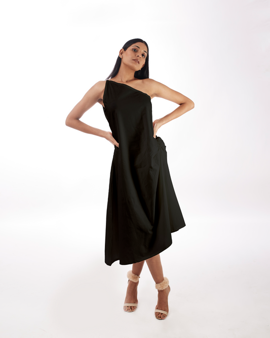 Black One Shoulder Dress by Kamakhyaa with 100% pure cotton, Black, FB ADS JUNE, Fitted At Waist, KKYSS, Naturally Made, One Shoulder Dresses, Party Wear, Regular Fit, Solids, Summer Sutra, Womenswear at Kamakhyaa for sustainable fashion