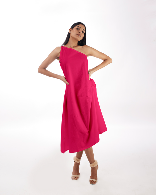 Pink One Shoulder Dress by Kamakhyaa with 100% pure cotton, FB ADS JUNE, Fitted At Waist, KKYSS, Naturally Made, One Shoulder Dresses, Party Wear, Pink, Slim Fit, Solids, Summer Sutra, Womenswear at Kamakhyaa for sustainable fashion