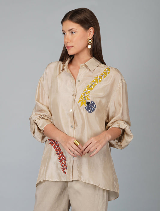 White Hand Embroidered Applique Flower Shirt by Devyani Mehrotra with Casual Wear, Natural, Patchwork, Pre Spring 2023, Relaxed Fit, Shirts, Viscose, White, Womenswear at Kamakhyaa for sustainable fashion