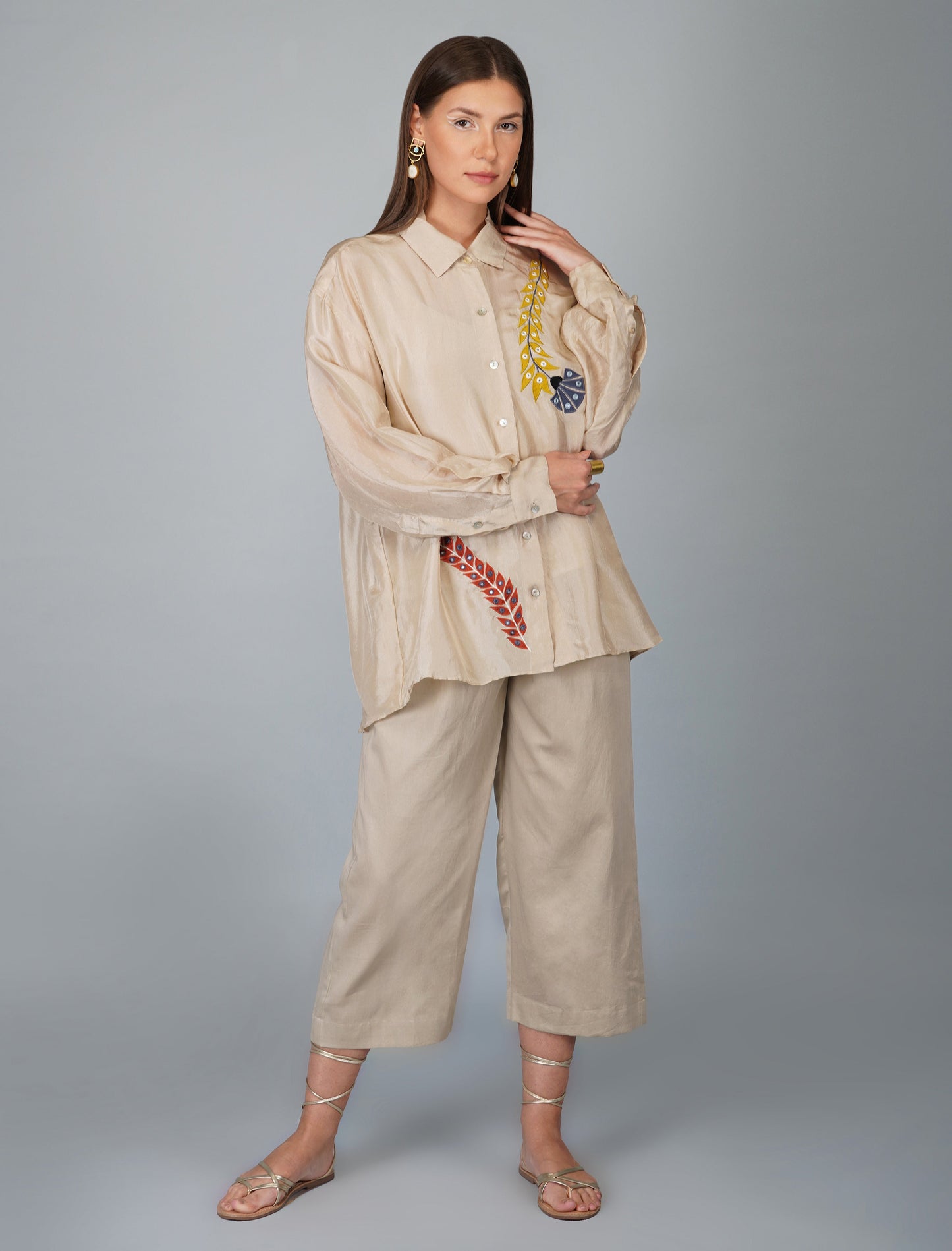 White Hand Embroidered Applique Flower Shirt by Devyani Mehrotra with Casual Wear, Natural, Patchwork, Pre Spring 2023, Relaxed Fit, Shirts, Viscose, White, Womenswear at Kamakhyaa for sustainable fashion