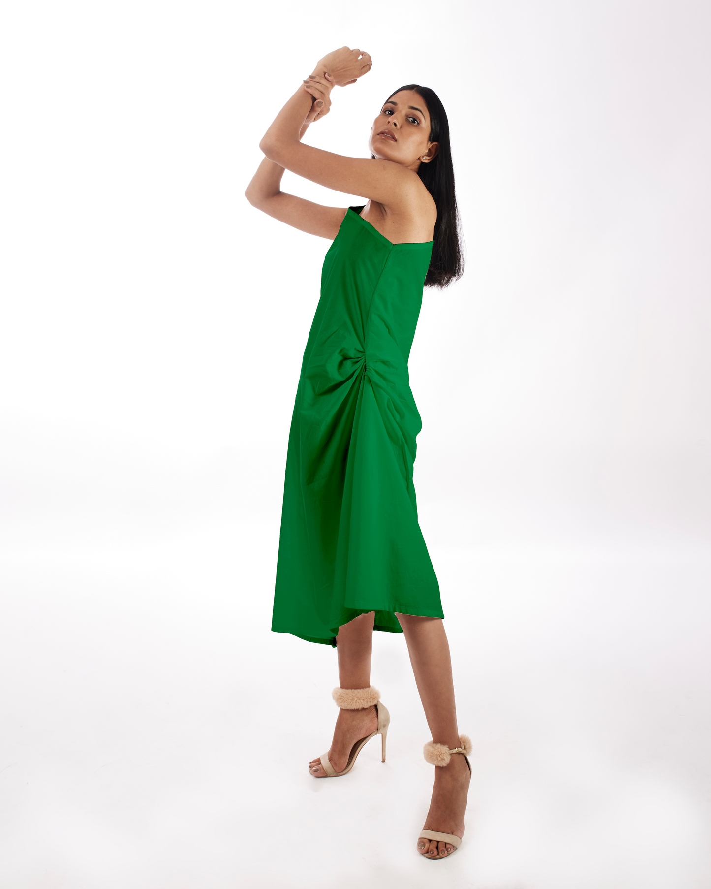 Green One Shoulder Dress by Kamakhyaa with 100% pure cotton, FB ADS JUNE, Fitted At Waist, Green, KKYSS, Naturally Made, One Shoulder Dresses, Party Wear, Regular Fit, Solids, Summer Sutra, Womenswear at Kamakhyaa for sustainable fashion
