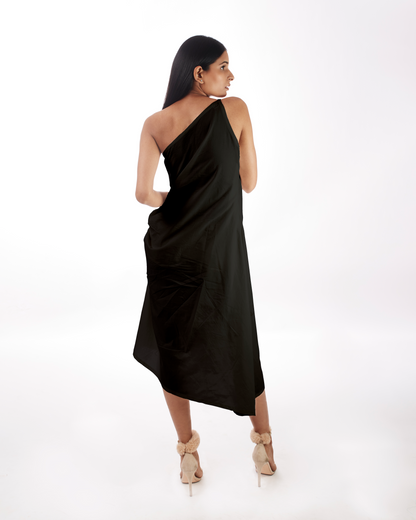 Black One Shoulder Dress by Kamakhyaa with 100% pure cotton, Black, FB ADS JUNE, Fitted At Waist, KKYSS, Naturally Made, One Shoulder Dresses, Party Wear, Regular Fit, Solids, Summer Sutra, Womenswear at Kamakhyaa for sustainable fashion