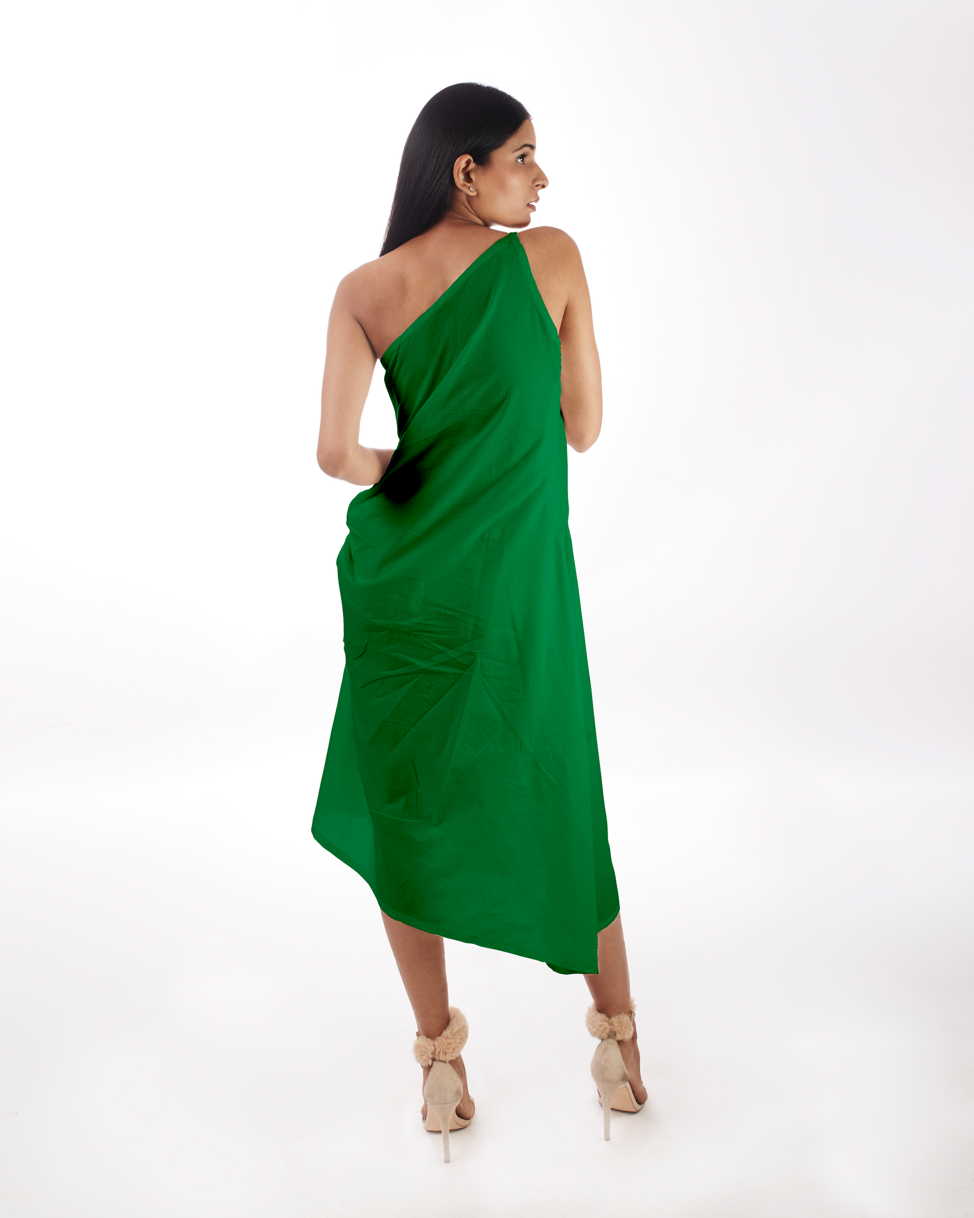 Green One Shoulder Dress by Kamakhyaa with 100% pure cotton, FB ADS JUNE, Fitted At Waist, Green, KKYSS, Naturally Made, One Shoulder Dresses, Party Wear, Regular Fit, Solids, Summer Sutra, Womenswear at Kamakhyaa for sustainable fashion