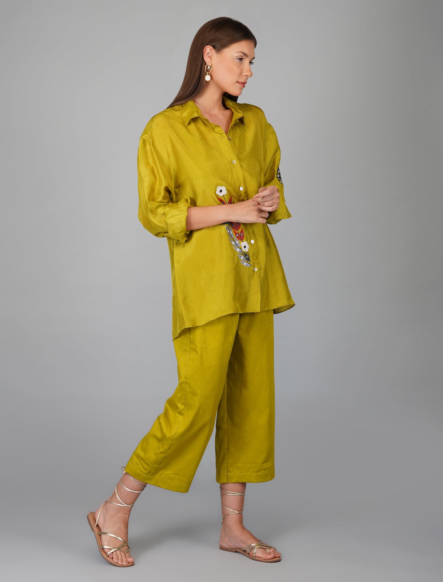 Green Upara Silk Hand Embroidered Shirt by Devyani Mehrotra with Embroidered, Evening Wear, Green, Natural, Patchwork, Pre Spring 2023, Relaxed Fit, Shirts, Solids, Viscose, Womenswear at Kamakhyaa for sustainable fashion