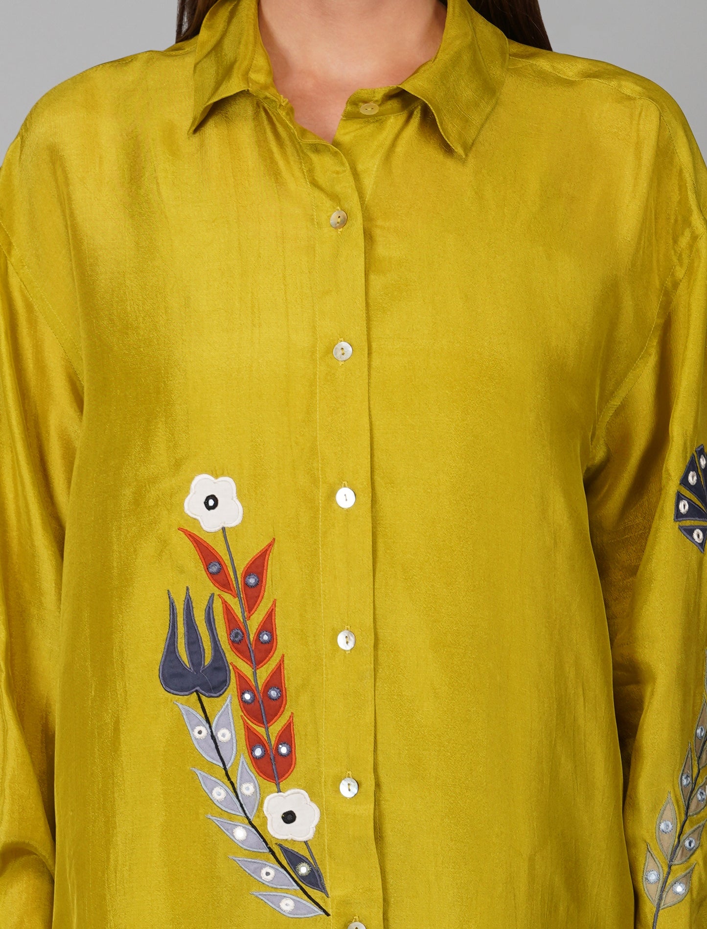 Green Upara Silk Hand Embroidered Shirt by Devyani Mehrotra with Embroidered, Evening Wear, Green, Natural, Patchwork, Pre Spring 2023, Relaxed Fit, Shirts, Solids, Viscose, Womenswear at Kamakhyaa for sustainable fashion