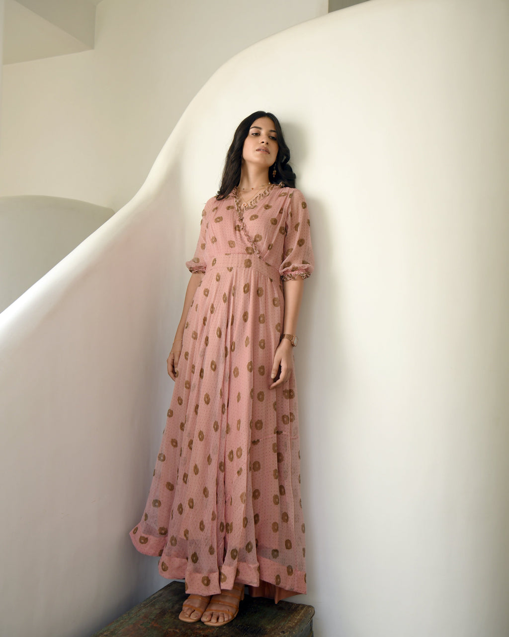 Pink Chiffon Printed Maxi Dress by Taro with Best Selling, Chiffon, Evening Wear, FB ADS JUNE, July Sale, July Sale 2023, Maxi Dresses, Natural, Pink, Prints, Regular Fit, Wildflower by Taro, Womenswear at Kamakhyaa for sustainable fashion