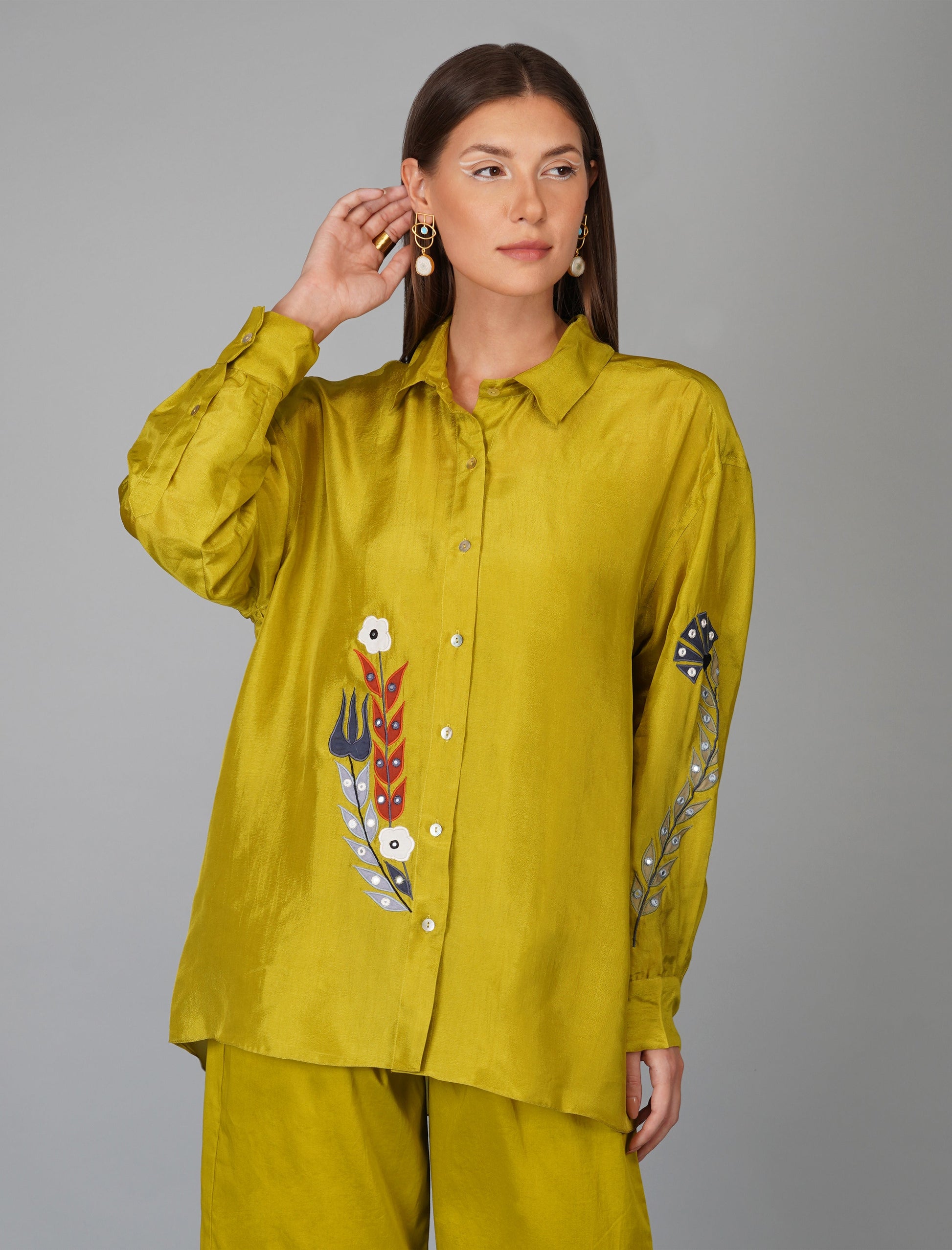 Green Upara Silk Hand Embroidered Shirt by Devyani Mehrotra with Embroidered, Evening Wear, Green, Natural, Patchwork, Pre Spring 2023, Relaxed Fit, Shirts, Solids, Viscose, Womenswear at Kamakhyaa for sustainable fashion