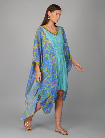 Blue Chanderi Printed Kaftan by Devyani Mehrotra with Beads, Blue, Chanderi Silk, Embellished, Evening Wear, Kaftans, Natural, Pre Spring 2023, Prints, Relaxed Fit, Solids, Viscose, Womenswear at Kamakhyaa for sustainable fashion