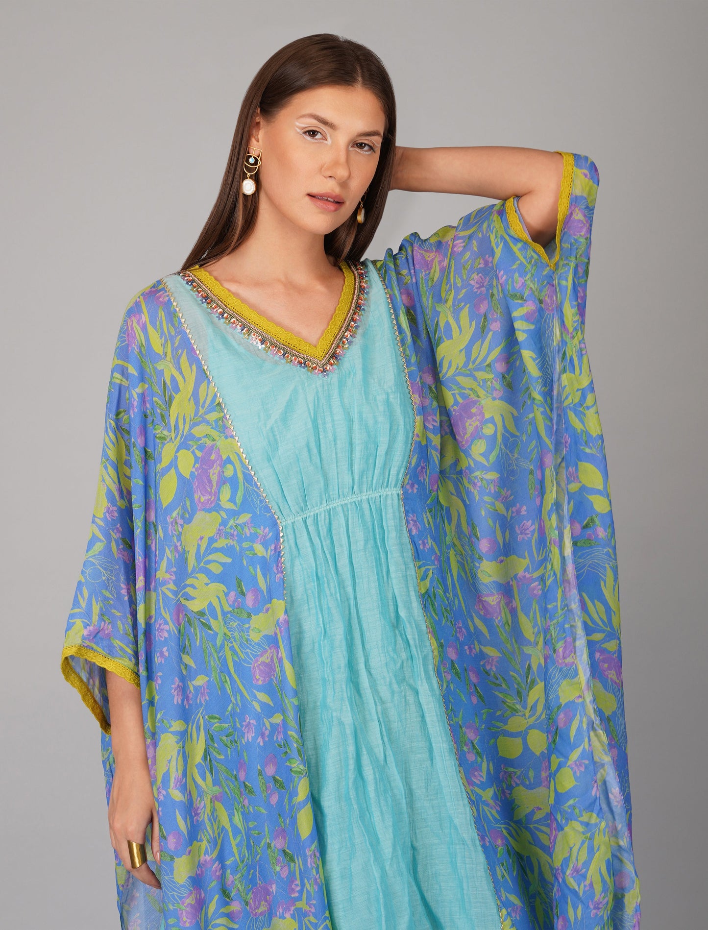Blue Chanderi Printed Kaftan by Devyani Mehrotra with Beads, Blue, Chanderi Silk, Embellished, Evening Wear, Kaftans, Natural, Pre Spring 2023, Prints, Relaxed Fit, Solids, Viscose, Womenswear at Kamakhyaa for sustainable fashion