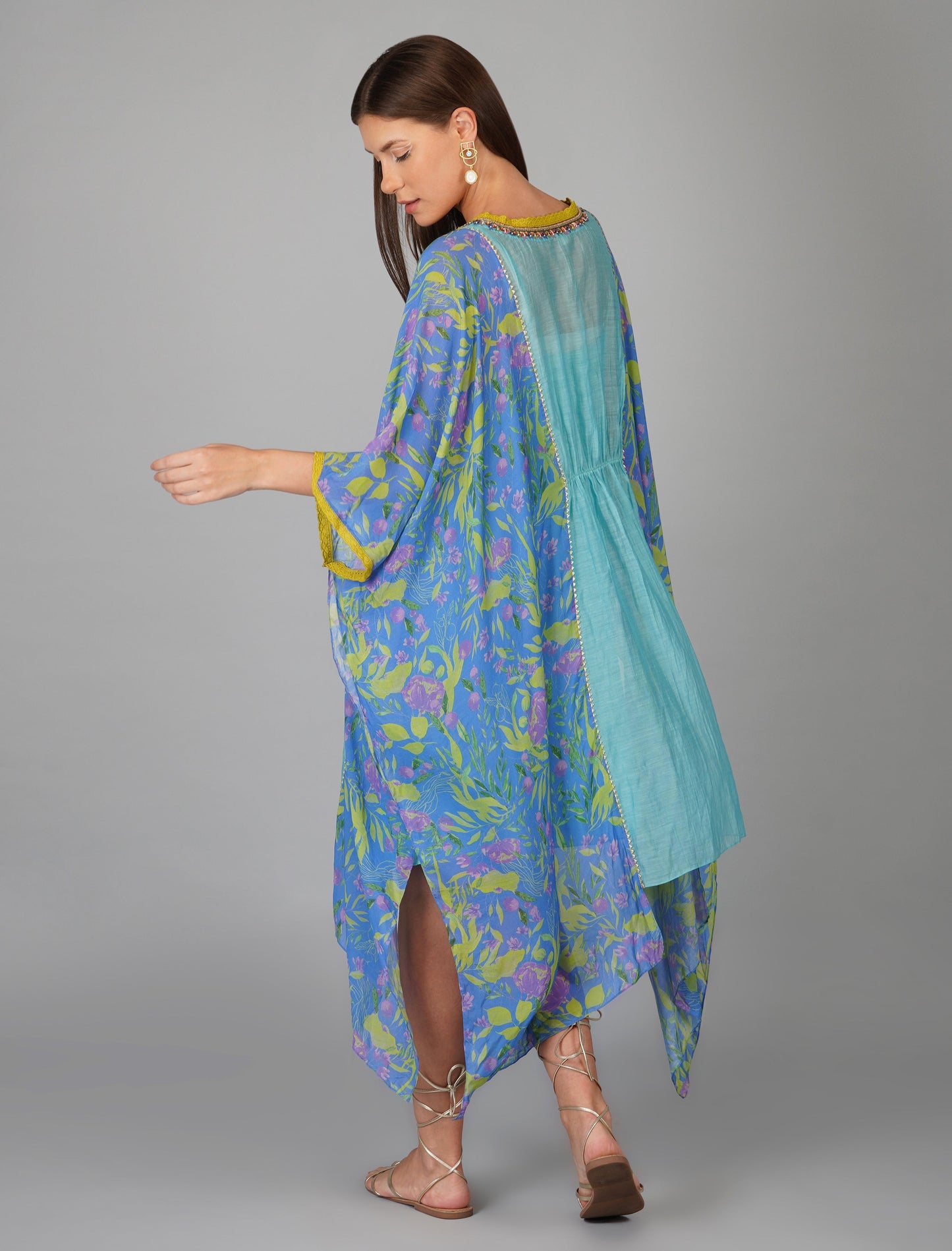 Blue Chanderi Printed Kaftan by Devyani Mehrotra with Beads, Blue, Chanderi Silk, Embellished, Evening Wear, Kaftans, Natural, Pre Spring 2023, Prints, Relaxed Fit, Solids, Viscose, Womenswear at Kamakhyaa for sustainable fashion