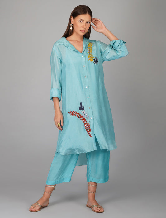Blue Hand Embroidered Applique Co-ord Set by Devyani Mehrotra with Blue, Evening Wear, Natural, Office Wear Co-ords, Pre Spring 2023, Relaxed Fit, Solids, Viscose, Womenswear at Kamakhyaa for sustainable fashion