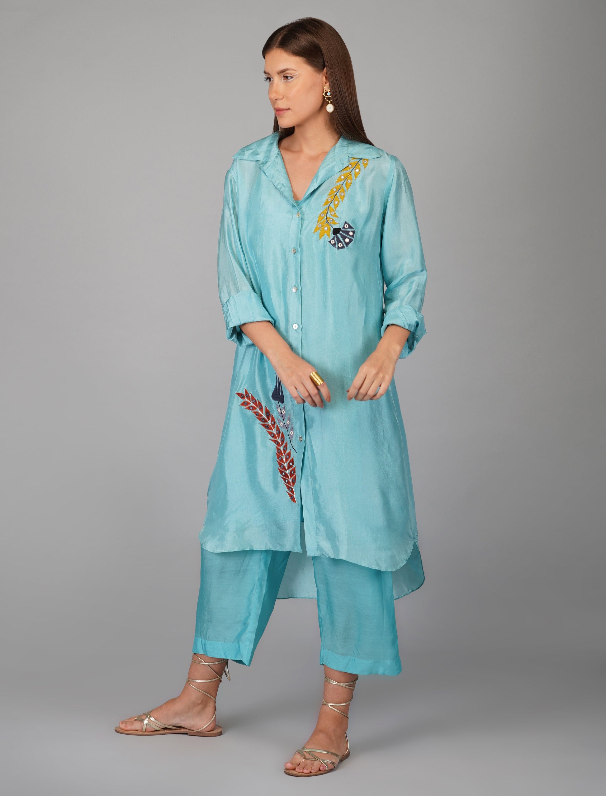 Blue Hand Embroidered Applique Co-ord Set by Devyani Mehrotra with Blue, Evening Wear, Natural, Office Wear Co-ords, Pre Spring 2023, Relaxed Fit, Solids, Viscose, Womenswear at Kamakhyaa for sustainable fashion