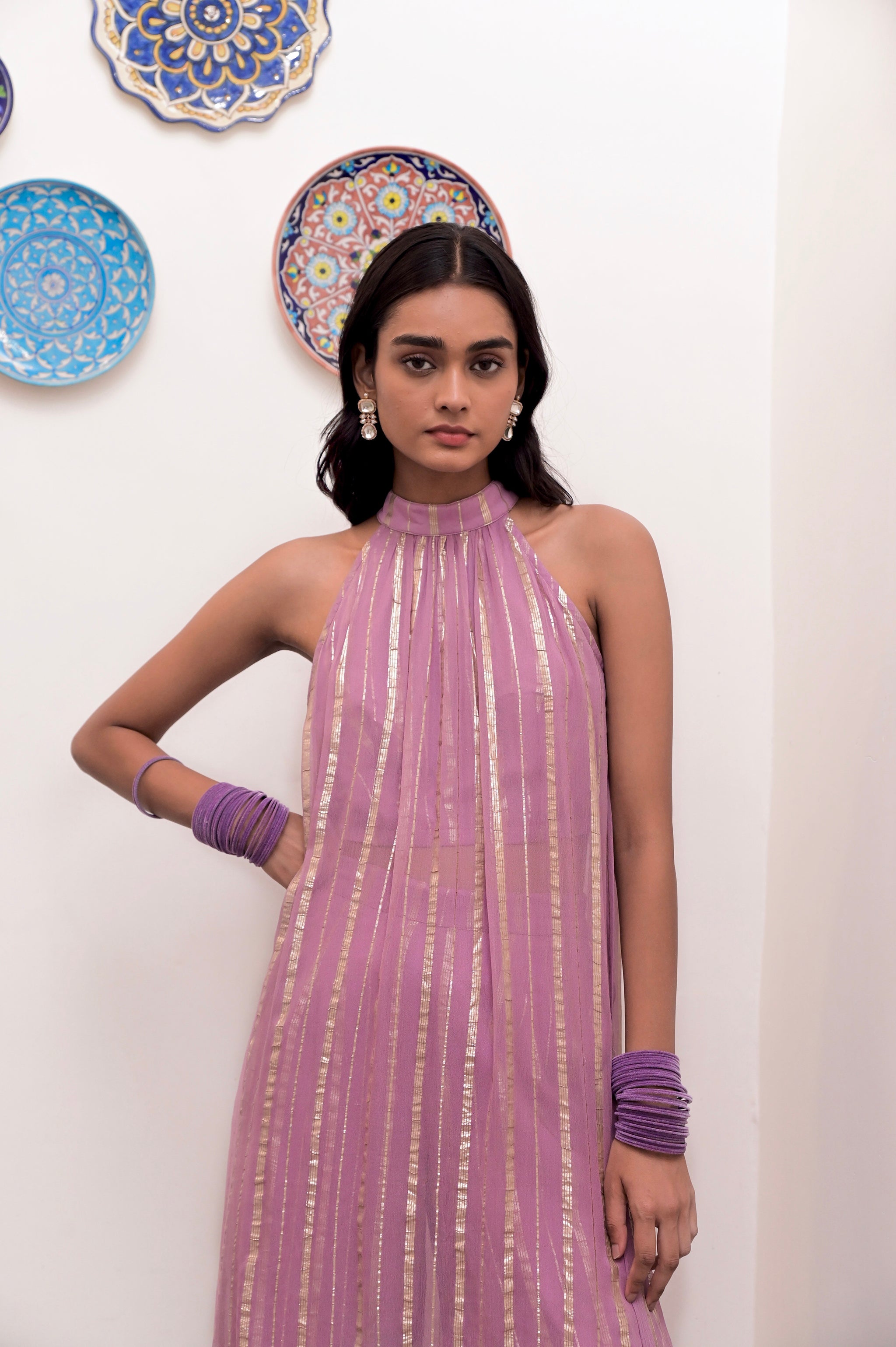 Pink Sleeveless Halter Co-ord Set by Taro with Chaandi by Taro, Co-ord Sets, Cotton, Cotton Lurex, Halter Neck Dresses, Natural, Partywear Co-ords, Pink, Regular Fit, Sleeveless, Solids, Womenswear at Kamakhyaa for sustainable fashion