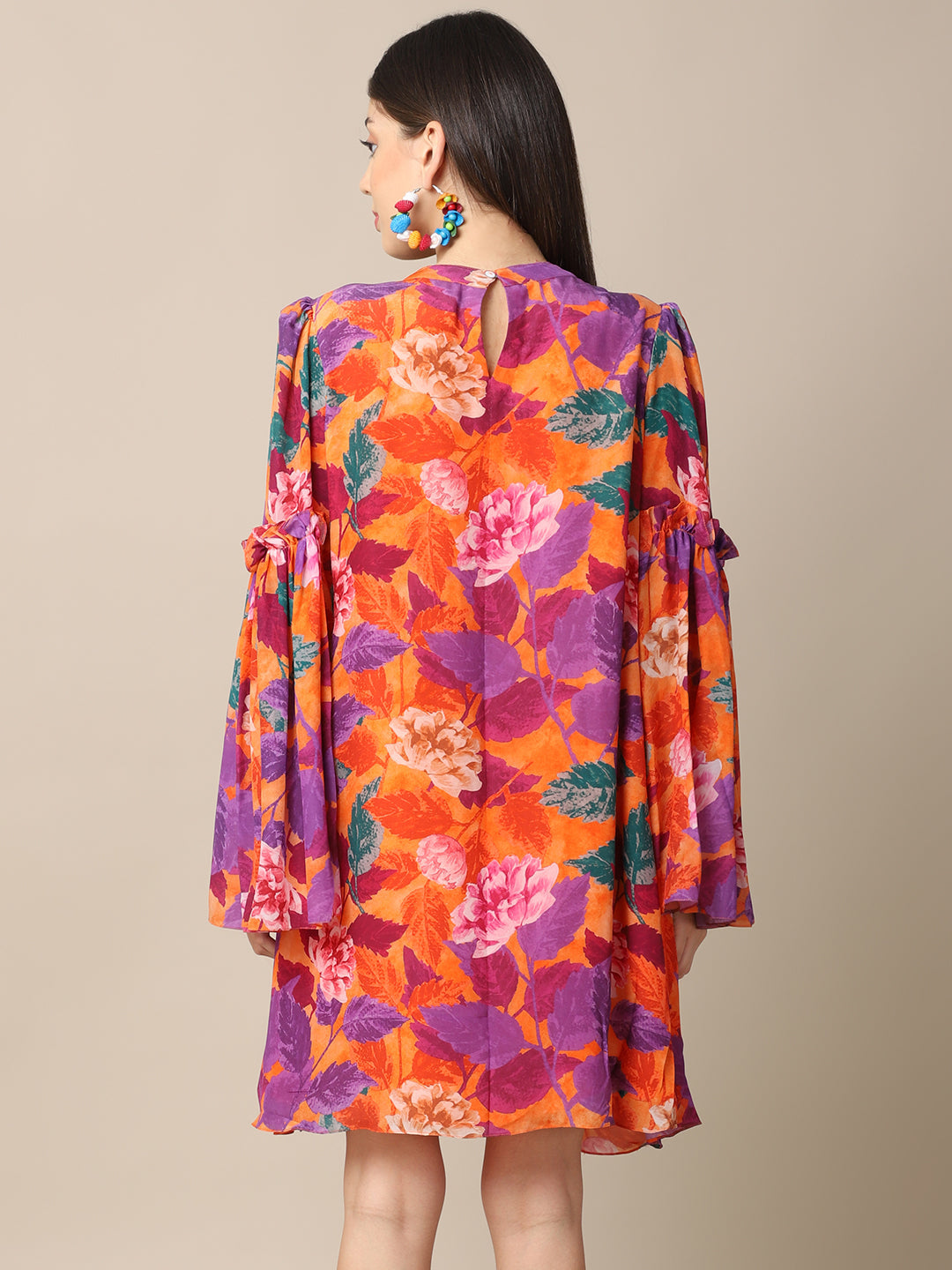 Crepe Orange Printed Flare Dress by Ewoke with Casual Wear, Crepe, Festive 23, For Her, Mini Dresses, Natural with azo free dyes, Orange, Prints, Relaxed Fit, Womenswear at Kamakhyaa for sustainable fashion