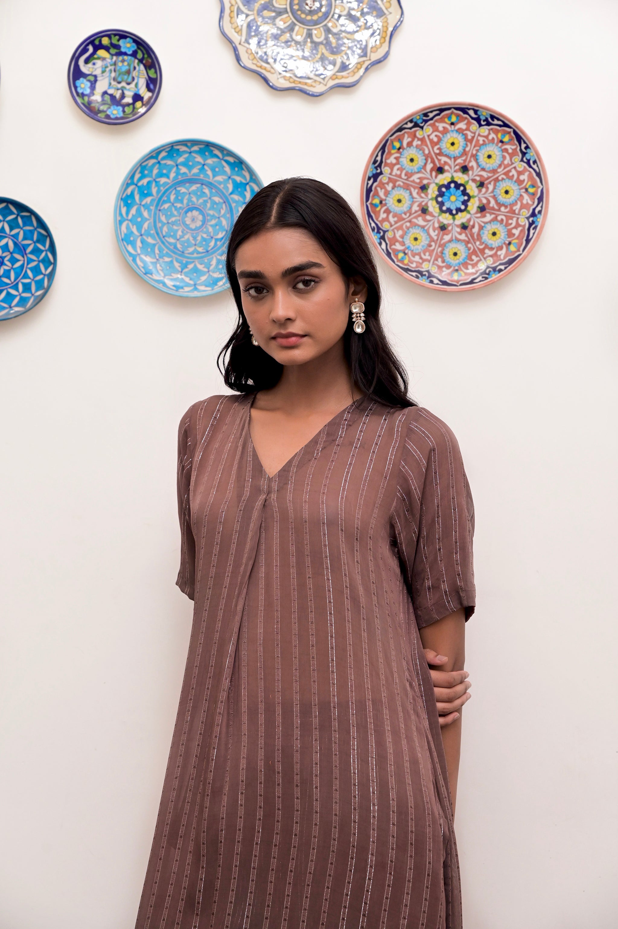 Brown Cotton Crepe V neck Co-ord Set by Taro with Brown, Chaandi by Taro, Co-ord Sets, Cotton, Cotton Lurex, Crepe, Natural, Regular Fit, Silver, Solids, Womenswear at Kamakhyaa for sustainable fashion