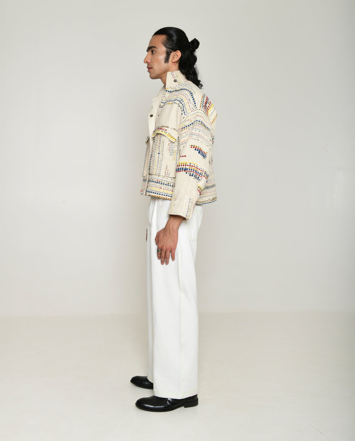 Recycled White Multi Colored Collared Cotton Jacket by Rias Jaipur with 100% Cotton, Casual wear, Multicolor, Natural, Overlays, RE 2.O, RE 2.O by Rias Jaipur, Regular, Stripes, Unisex, White, Womenswear at Kamakhyaa for sustainable fashion