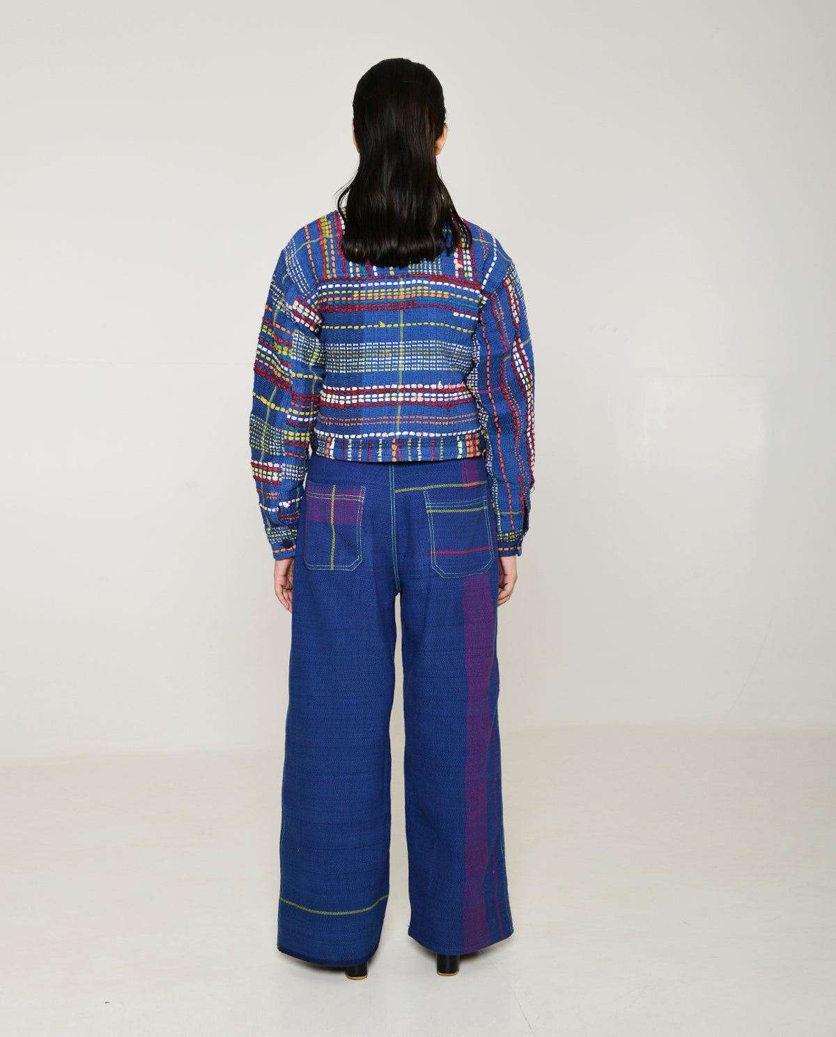 Recycled Blue Multi Colored Cropped Cotton Jacket by Rias Jaipur with 100% Cotton, Blue, Casual wear, Multicolor, Natural, Overlays, RE 2.O, RE 2.O by Rias Jaipur, Regular, Stripes, Unisex, Womenswear at Kamakhyaa for sustainable fashion