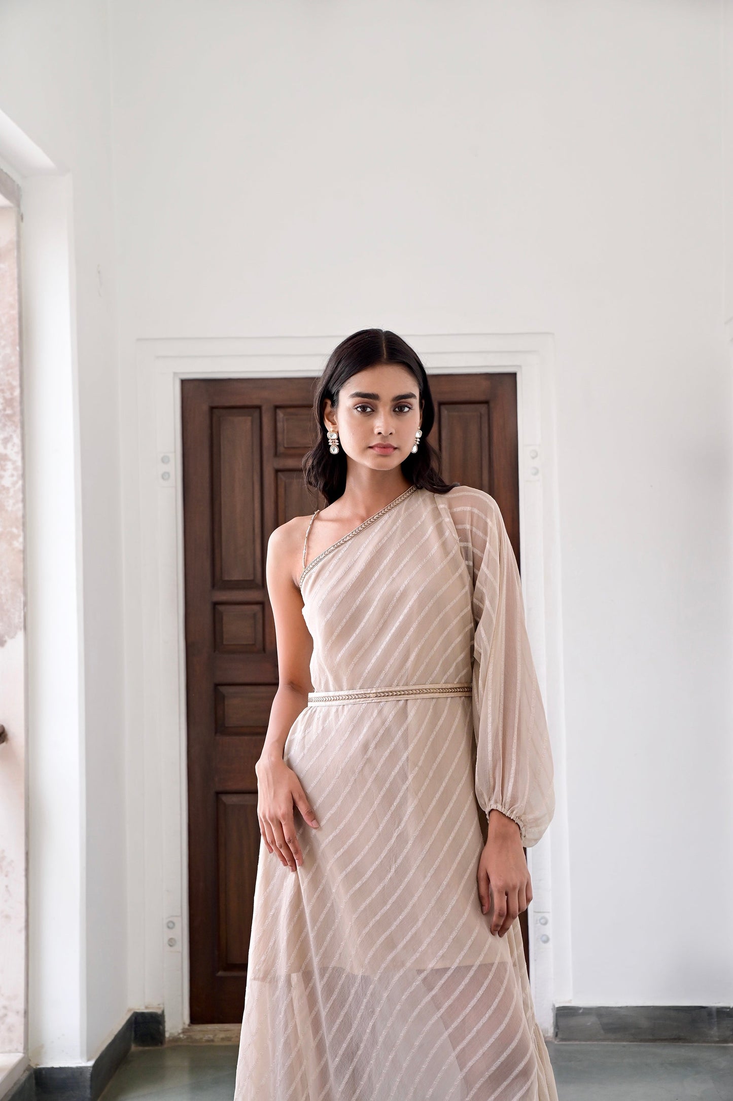 Beige One Shoulder Dress by Taro with Beige, Chaandi by Taro, Cotton, Cotton Lurex, Natural, One Shoulder Dresses, Regular Fit, Solids, Womenswear at Kamakhyaa for sustainable fashion