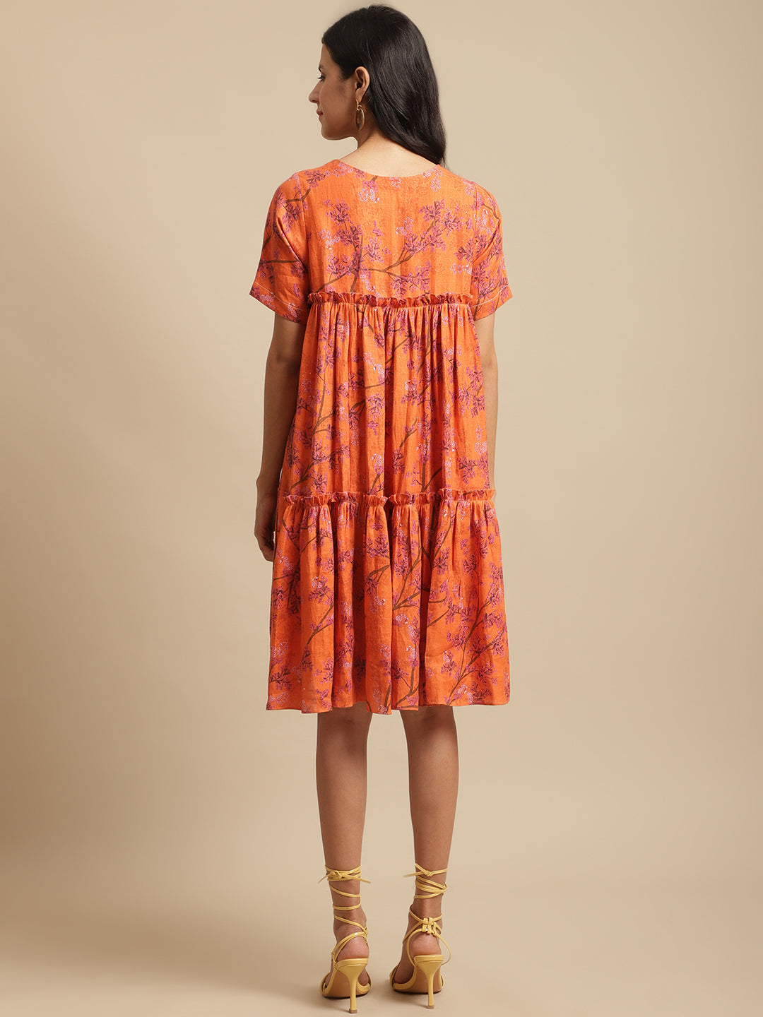 Certified Hemp Orange A Line Dress by Ewoke with Casual Wear, Festive 23, For Her, Hemp, Mini Dresses, Natural with azo free dyes, Orange, Prints, Relaxed Fit, Tiered Dresses, Womenswear at Kamakhyaa for sustainable fashion