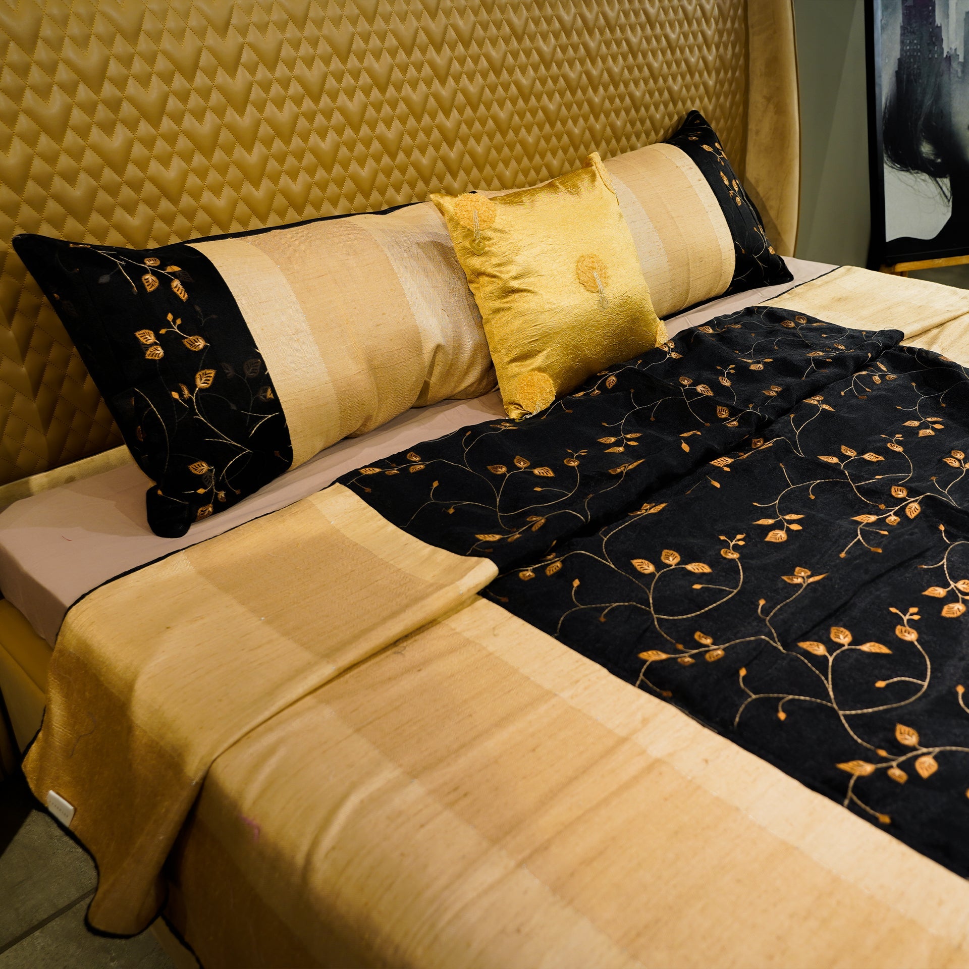 Floral Noir Elegance by Aetherea with Bed Covers, Beige, Black, Cushion, Home, King, Sheer, Silk, Upcycled at Kamakhyaa for sustainable fashion