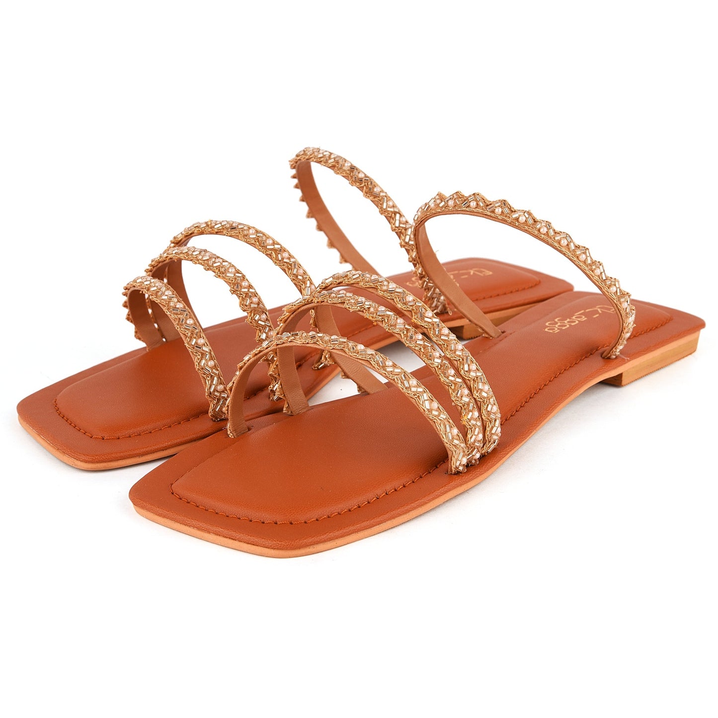 Brown Embroidered Strappy Flats by EK_agga with Brown, Embroidered, Flats, Less than $50, Party Wear, Patent leather, Square toe, Vegan at Kamakhyaa for sustainable fashion