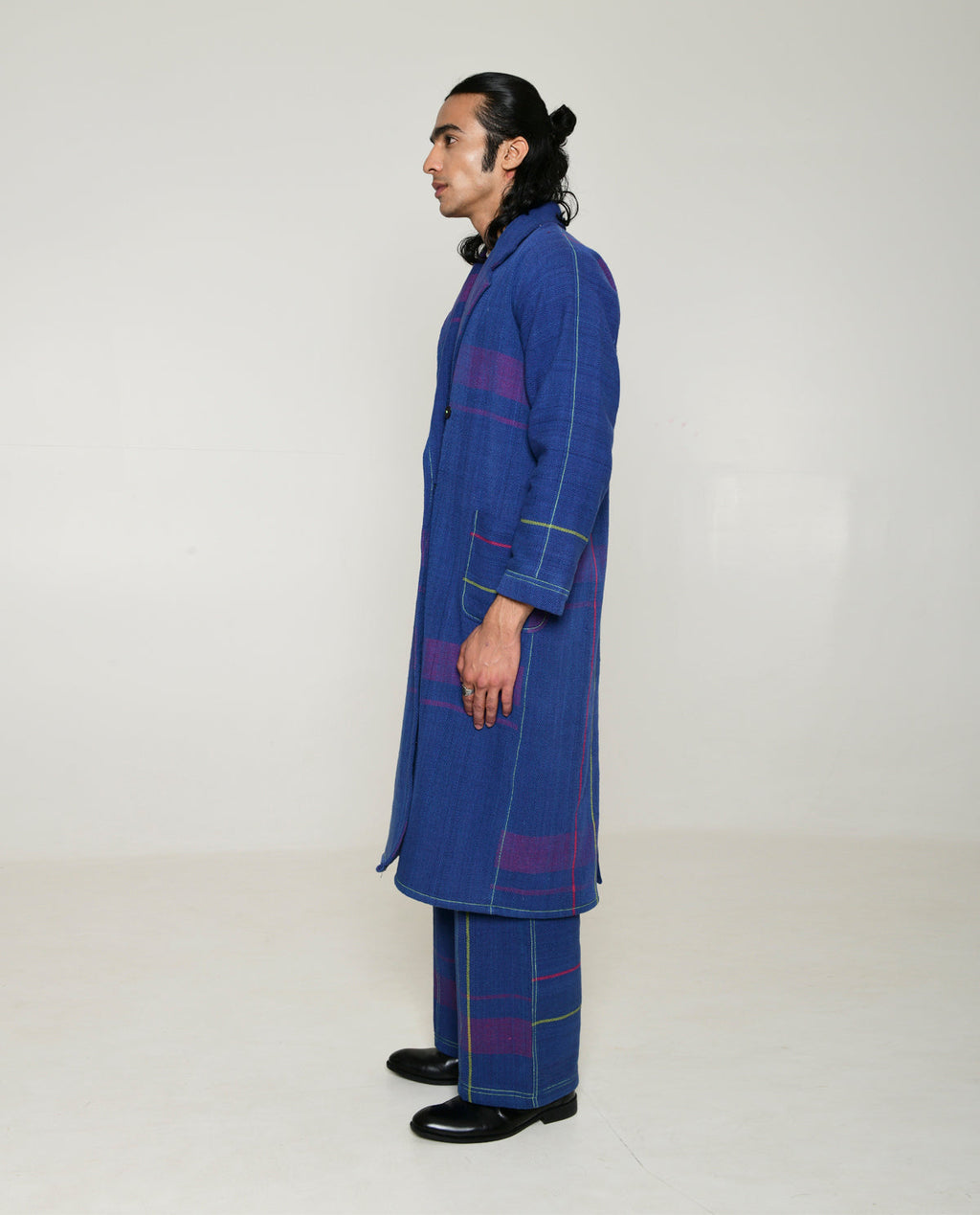 Recycled Blue Striped Cotton Trench Coat by Rias Jaipur with 100% Cotton, Blue, Casual wear, Multicolor, Natural, Overlays, RE 2.O, RE 2.O by Rias Jaipur, Regular, Stripes, Unisex, Womenswear at Kamakhyaa for sustainable fashion