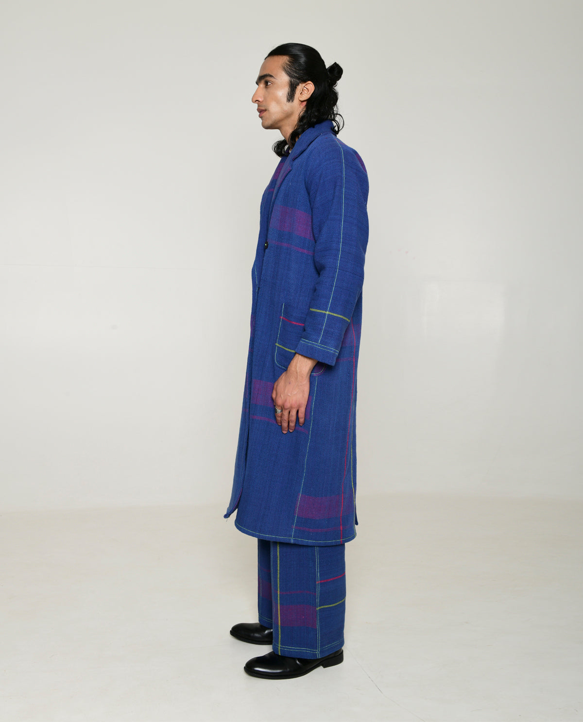 Recycled Blue Striped Cotton Trench Coat by Rias Jaipur with 100% Cotton, Blue, Casual wear, Multicolor, Natural, Overlays, RE 2.O, RE 2.O by Rias Jaipur, Regular, Stripes, Unisex, Womenswear at Kamakhyaa for sustainable fashion
