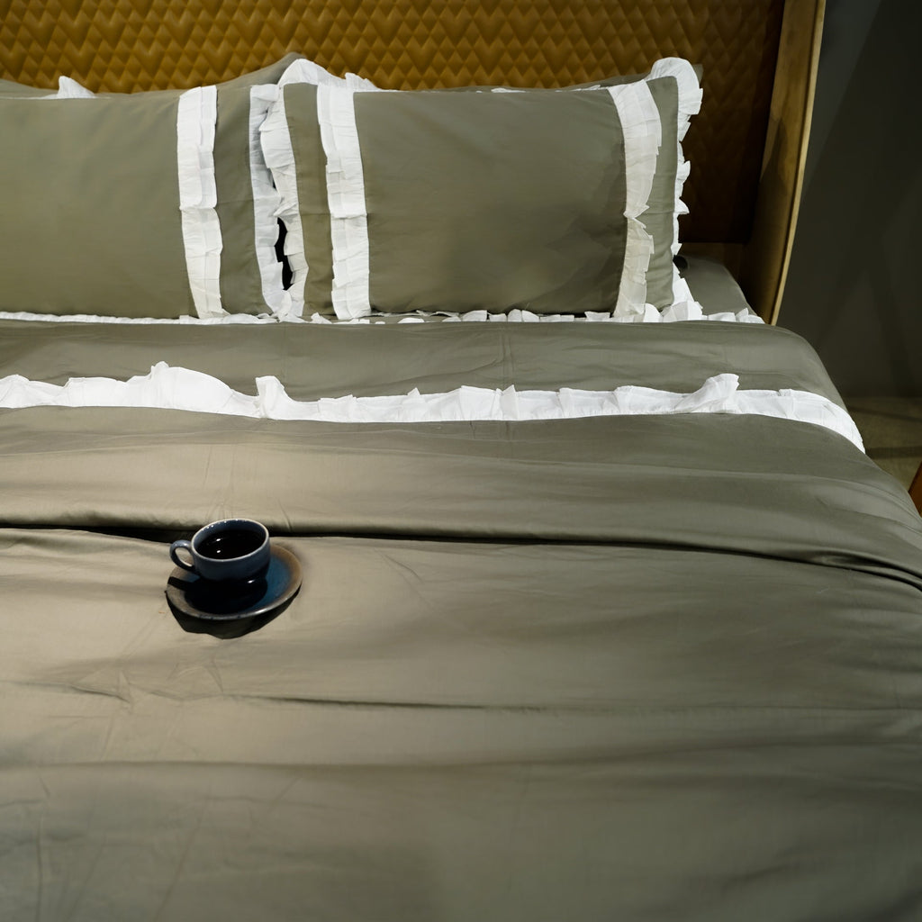 Frill Elegance Duvet Cover by Aetherea with 100% Cotton, 300 TC, 500 TC, Duvet Covers, Frills, Home, Plain, Sage Green, Solid, White at Kamakhyaa for sustainable fashion