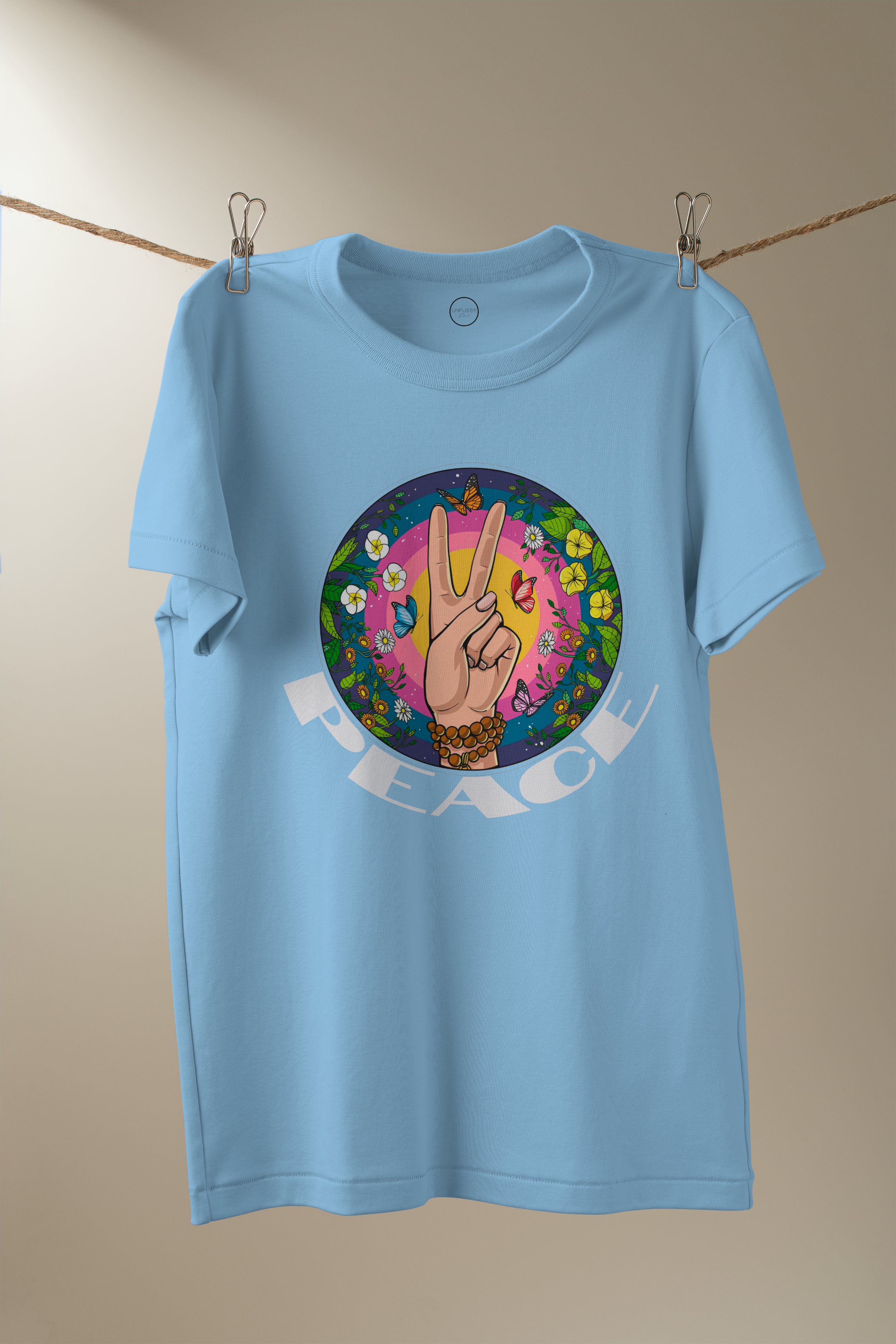 Peace 100% Cotton Oversized Blue T-shirt by Unfussy with 100% cotton, Blue, Casual Wear, Organic, Oversized Fit, Printed, T-Shirts, Unfussy, Unisex, Womenswear at Kamakhyaa for sustainable fashion