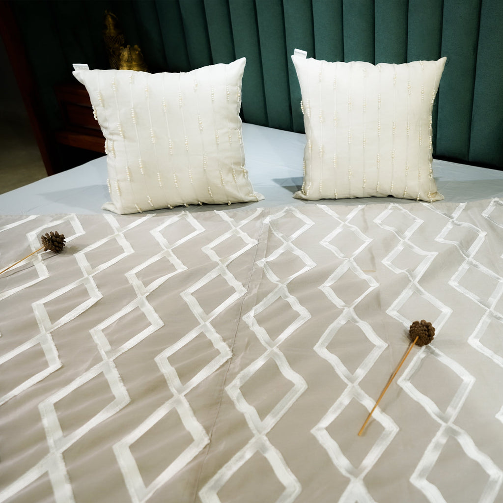 Diamond Dazzle by Aetherea with Bed Throws, Light Grey, Silk, Tassels, Upcycled at Kamakhyaa for sustainable fashion