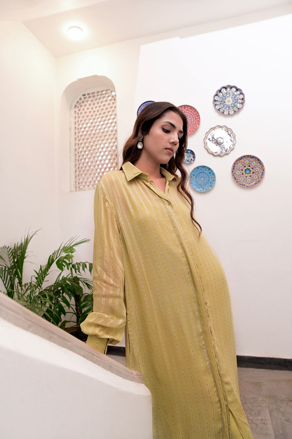 Yellow Cotton Crepe Shirt Dress by Taro with Chaandi by Taro, Cotton, Cotton Lurex, Natural, Regular Fit, Shirt Dresses, Silver, Solids, Womenswear, Yellow at Kamakhyaa for sustainable fashion