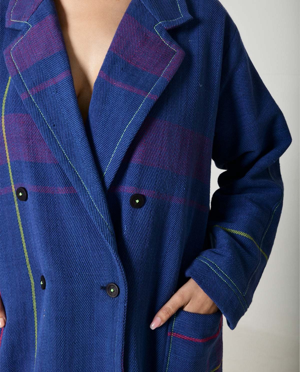 Handwoven Blue Striped Cotton Trench Coat by Rias Jaipur with 100% Cotton, Blue, Casual wear, Multicolor, Natural, Overlays, RE 2.O, RE 2.O by Rias Jaipur, Regular, Stripes, Unisex, Womenswear at Kamakhyaa for sustainable fashion