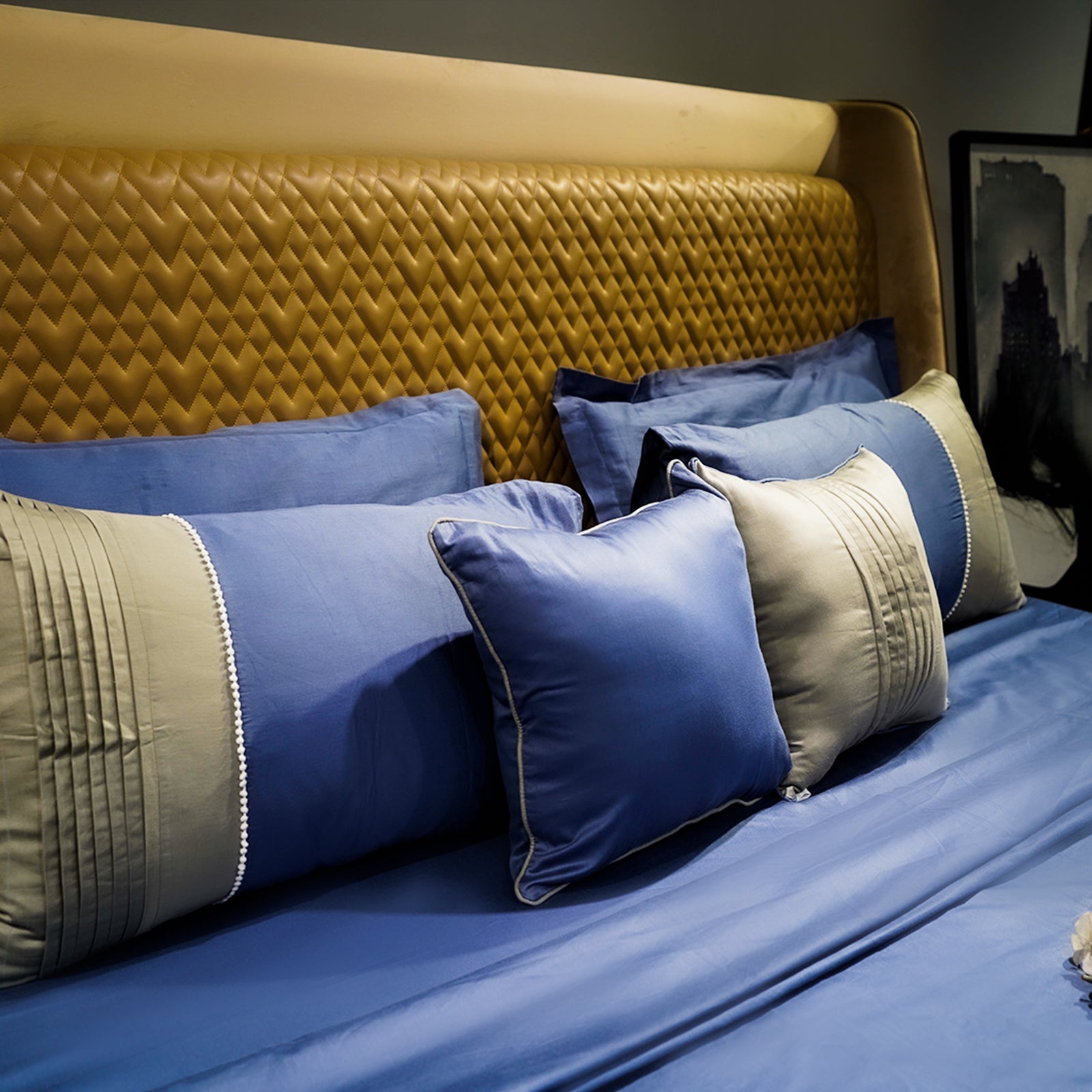 Majestic Sapphire Colorplay Stripe by Aetherea with 100% Cotton, 300 TC, 500 TC, Blue, Cushion, Designer Bedsheets, Dual Tone, Green, King, Queen, Royal Blue, Sage Green at Kamakhyaa for sustainable fashion