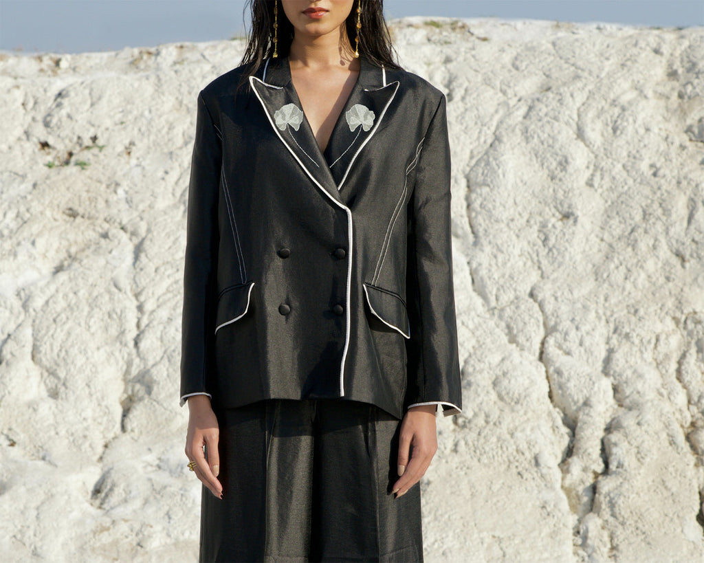 Black Silk Co-ord Set by The Loom Art with Aurora by The Loom Art, Black, Casual Wear, Chanderi Silk, Co-ord Sets, July Sale, July Sale 2023, Office, Office Wear Co-ords, Ombre & Dyes, Organic, Regular Fit, Solids, Womenswear at Kamakhyaa for sustainable fashion