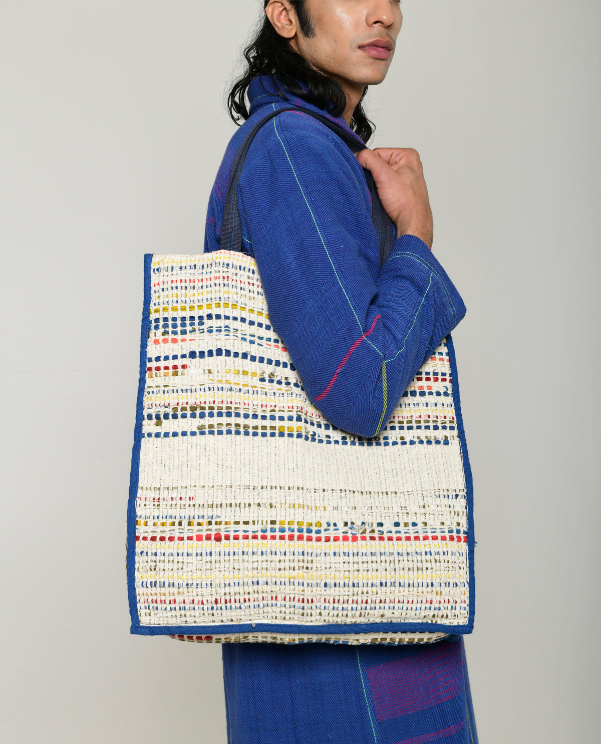 Recycled White Multi Colored Bag at Kamakhyaa by Rias Jaipur. This item is 100% Cotton, Bags, Casual wear, Multicolor, Natural, One size, RE 2.O, Stripes, Unisex, White