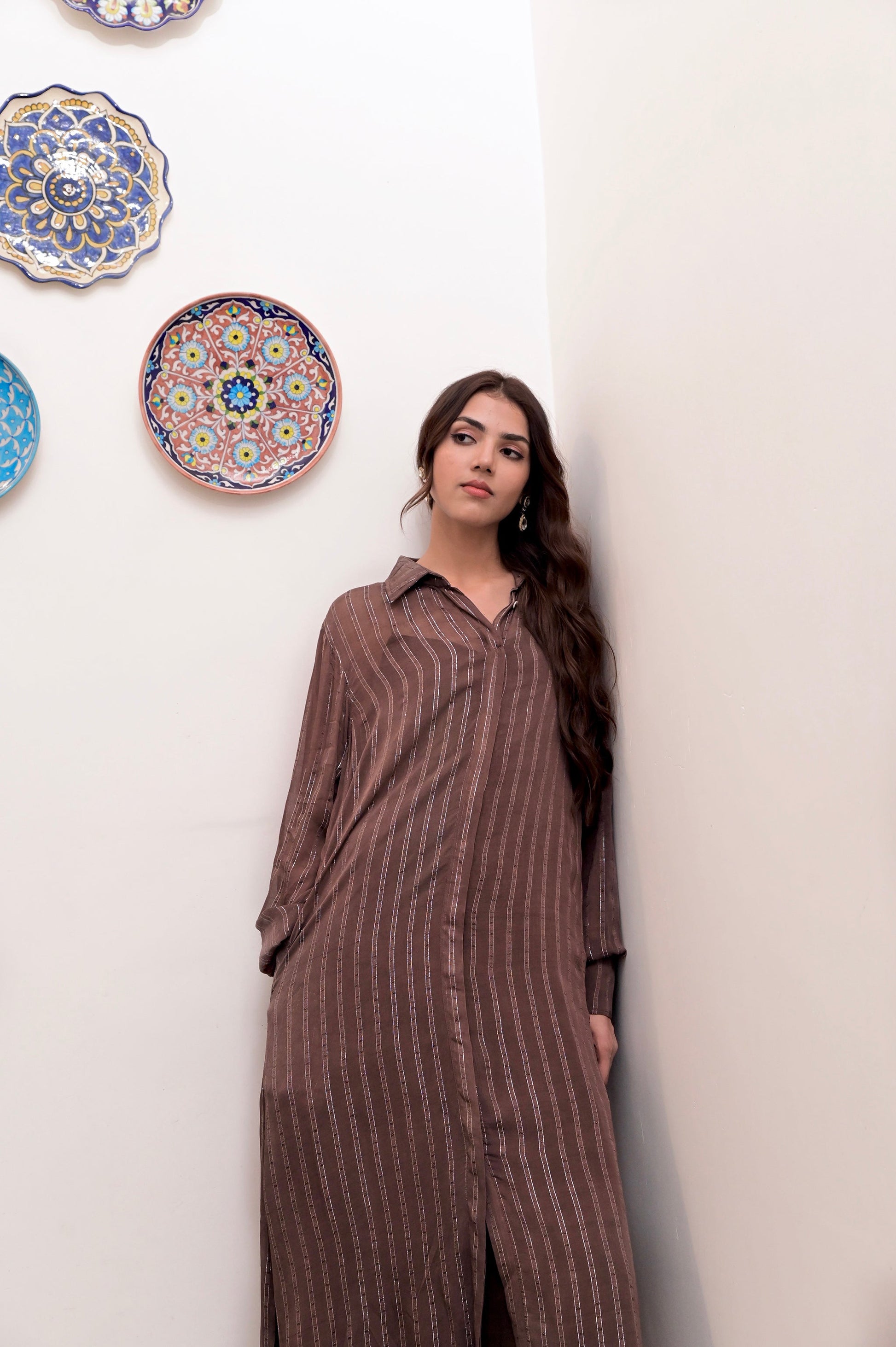 Brown Cotton Crepe Shirt Dress by Taro with Brown, Chaandi by Taro, Cotton, Cotton Lurex, Crepe, Natural, Regular Fit, Shirt Dresses, Silver, Solids, Womenswear at Kamakhyaa for sustainable fashion