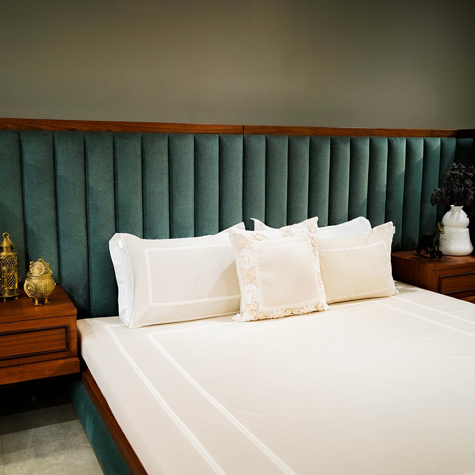 Champagne Charm Trimmed Bliss by Aetherea with 100% Cotton, 300 TC, 500 TC, Beige, Cushion, Designer Bedsheets, King, Lace, Queen, Solid at Kamakhyaa for sustainable fashion