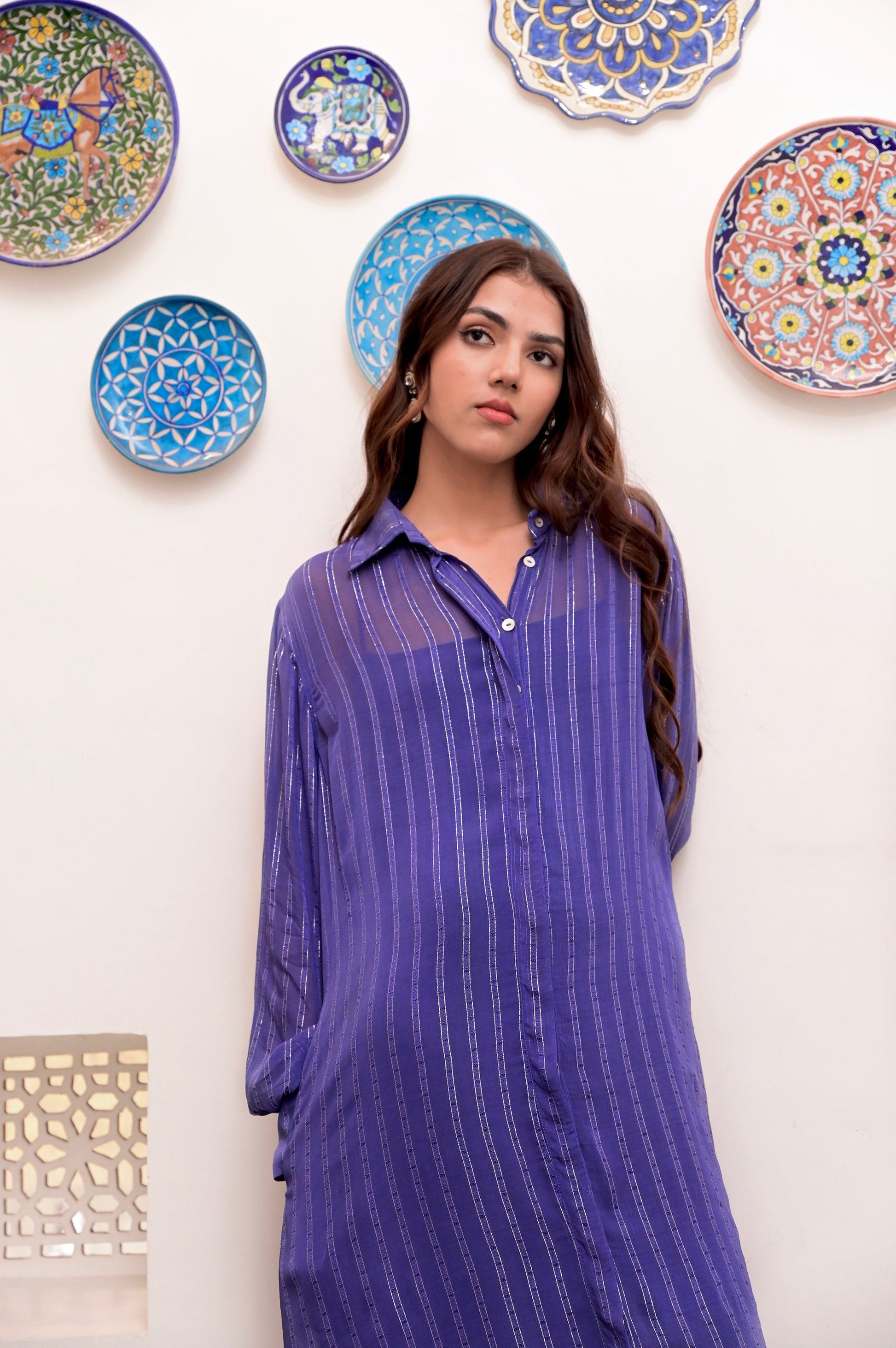 Blue Cotton Crepe Shirt Dress by Taro with Blue, Chaandi by Taro, Cotton, Cotton Lurex, Crepe, Halter Neck Tops, Natural, Regular Fit, Shirt Dresses, Silver, Solids, Womenswear at Kamakhyaa for sustainable fashion