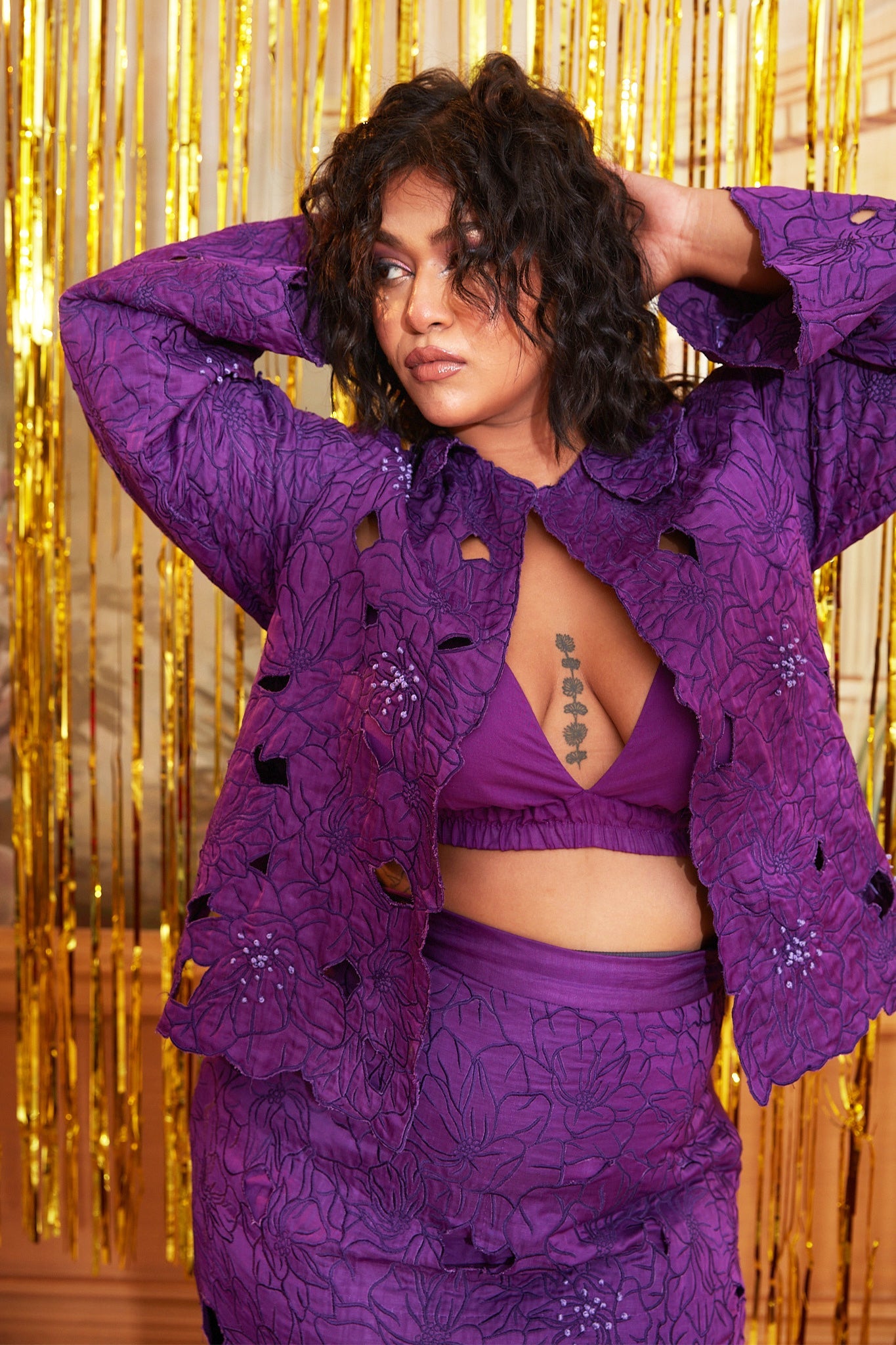 Purple Silk Jacket With Skirt Co-Ord Set by Chambray & Co. with Chambray & Co, Complete Sets, Embroidered, Moon Child, Natural, Party Wear, Purple, Regular Fit, Silk, Top Skirt Sets, Womenswear at Kamakhyaa for sustainable fashion