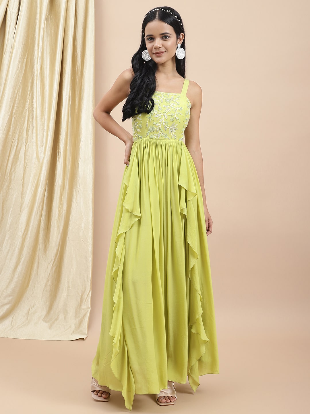 Green Embroidered Ruffle Dress by Ewoke with Bemberg satin, Embroidered, Ewoke, Festive Wear, Green, Natural, Relaxed Fit, Ruffle Dresses, Womenswear at Kamakhyaa for sustainable fashion