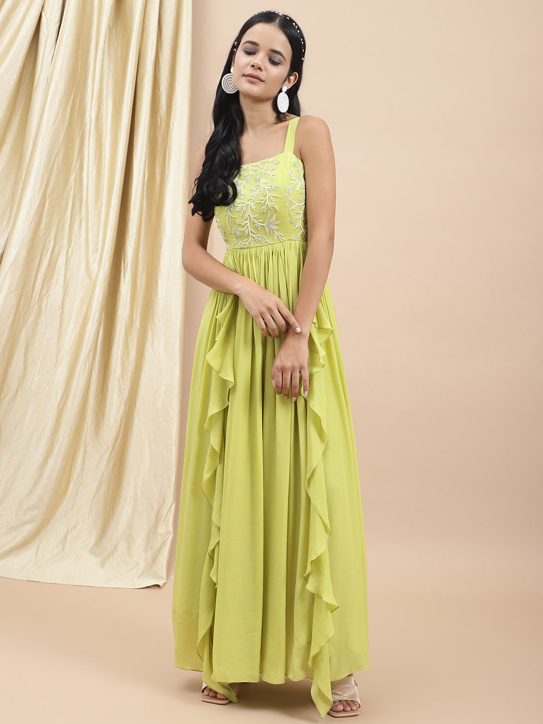 Green Embroidered Ruffle Dress by Ewoke with Bemberg satin, Embroidered, Ewoke, Festive Wear, Green, Natural, Relaxed Fit, Ruffle Dresses, Womenswear at Kamakhyaa for sustainable fashion
